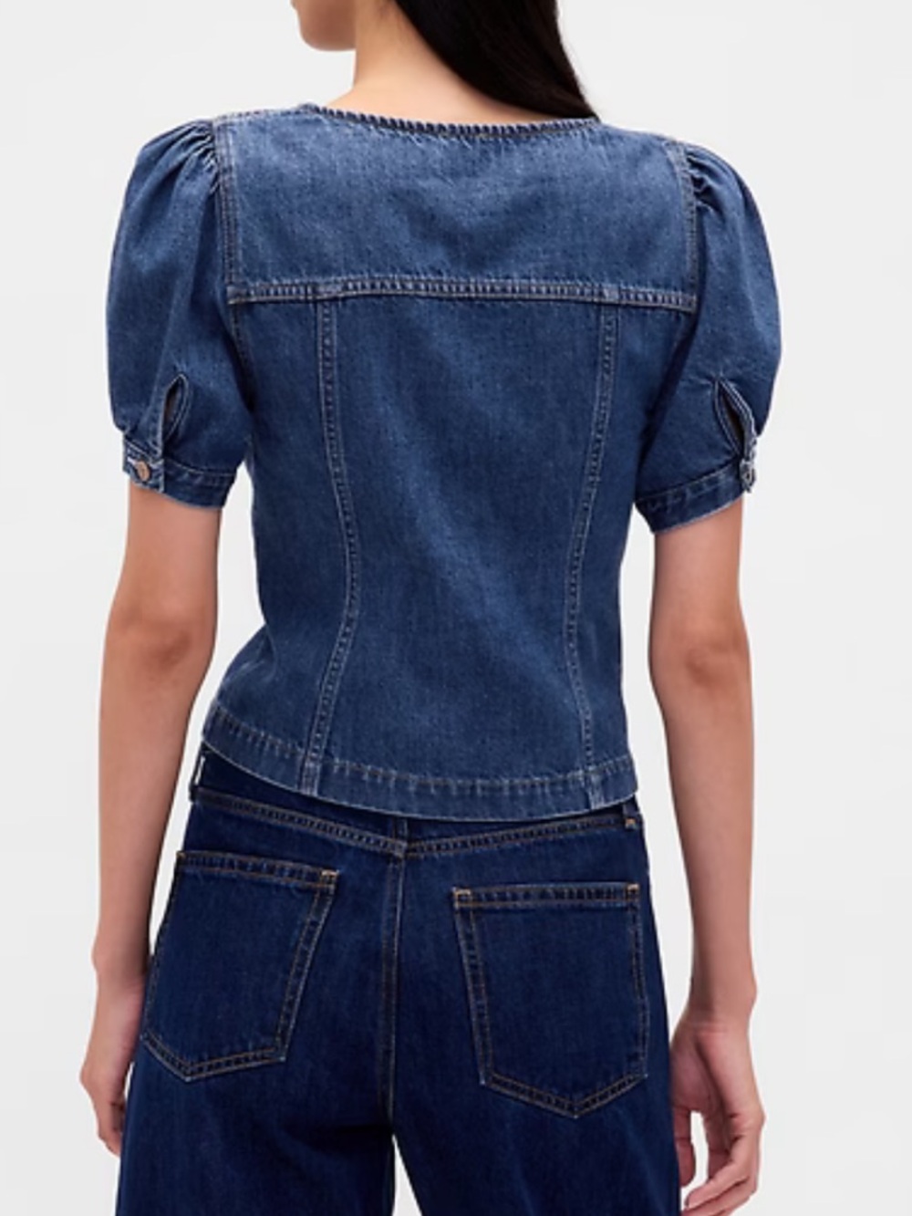 Denim Puff-Sleeve Button Front Top - Blue - Picture 4 of 9